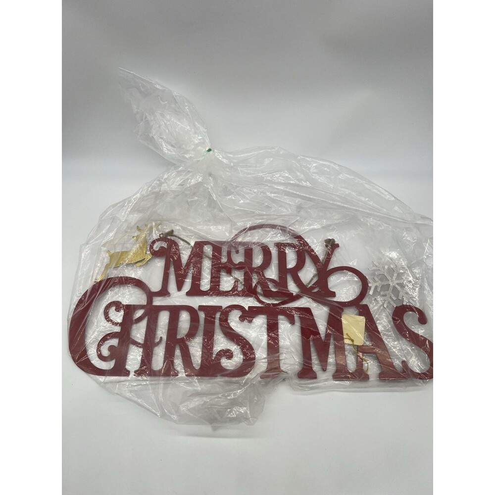 VTG Red Metal Merry Christmas Hanging Sign-Gold Reindeer-White Glitter Snowflake